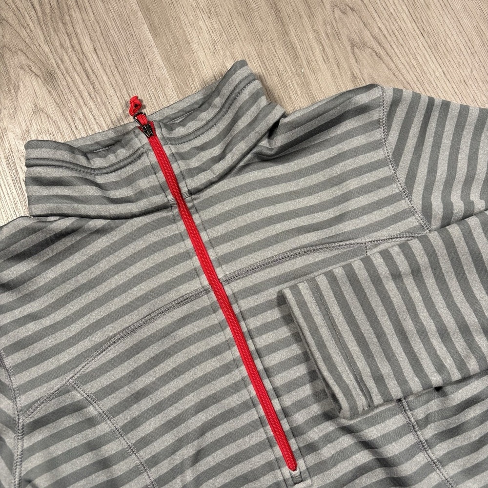 Columbia Women's Medium Striped Quarter Zip Pullover Gray Red Trim Fleece Lined